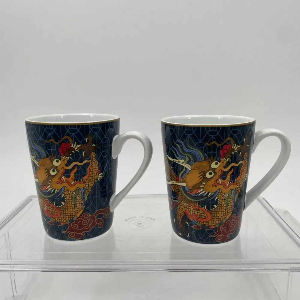 2 Williams Sonoma Lunar New Year Chinese Dragon Mugs Cups Blue Ceramic 12 oz